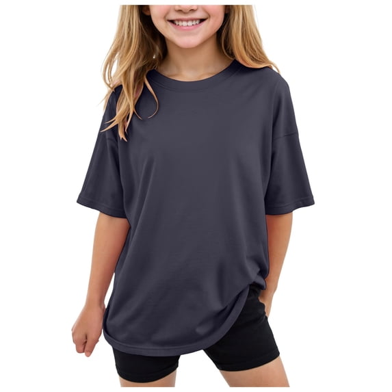 Splozh T Shirt for Girls Tops Cool Fashion Solid Color Drop Shoulder Short Sleeve Summer Tops Grey,4-5 Years