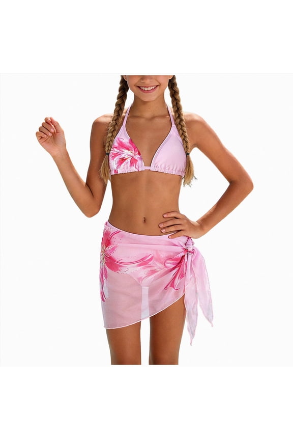 Tankinis for Teens 7-16 Years Girl's 3 Piece Cute Triangle Bikini Swimsuit with Cover Up Skirt Fashion Bathing Suit,Pink,7-8 Years
