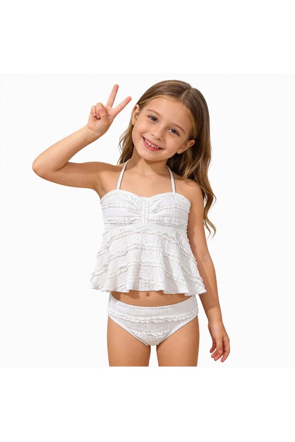 Teen Bathing Suits 7-16 Years Girls Swimsuit 2 Piece Bikini Set Tiered Ruffled Bathing Suit Two Piece Swimwear Adjustable Straps,White,7-8 Years