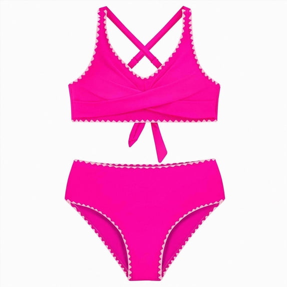 Splozh Teen Bathing Suits Girls Swimsuit Bikini Set Solid Color V Neck Two Piece Bathing Suit with Chest Pad Adjustable Straps,Hot Pink,15-16 Years