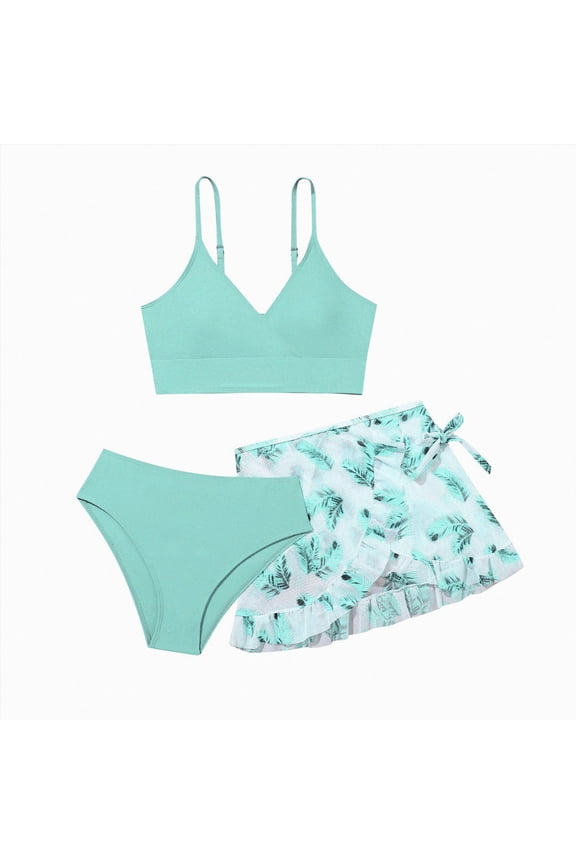Teen Bikinis 8-18 Years Girls Swimsuit 3 Piece Bathing Suit Bikini Set Girls' Swimwear with Skirt,Mint Green,11-12 Years