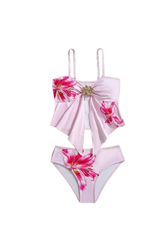 Teen Bikinis Girls Two Piece Swimsuit Set Floral Print Stylish Bikini Swimsuit Set Padded Bathing Suit Red,7-8 Years