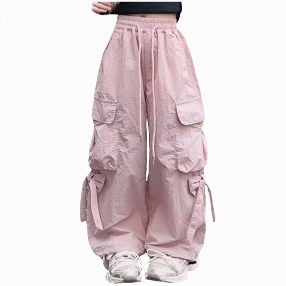 Splozh Teen Girls Cargo Pants Baggy Wide Leg Solid Color Streetwear Cargo Pants with Pockets Girls Parachute Pants Cargo,Pink,11-12 Years