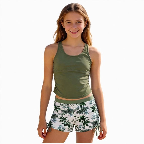 Splozh Teen Girls Tankini Swimsuit 7-16 Years 2 Piece Bathing Suit Color Block Drawstring Girls' Swimwear,Green,9-10 Years