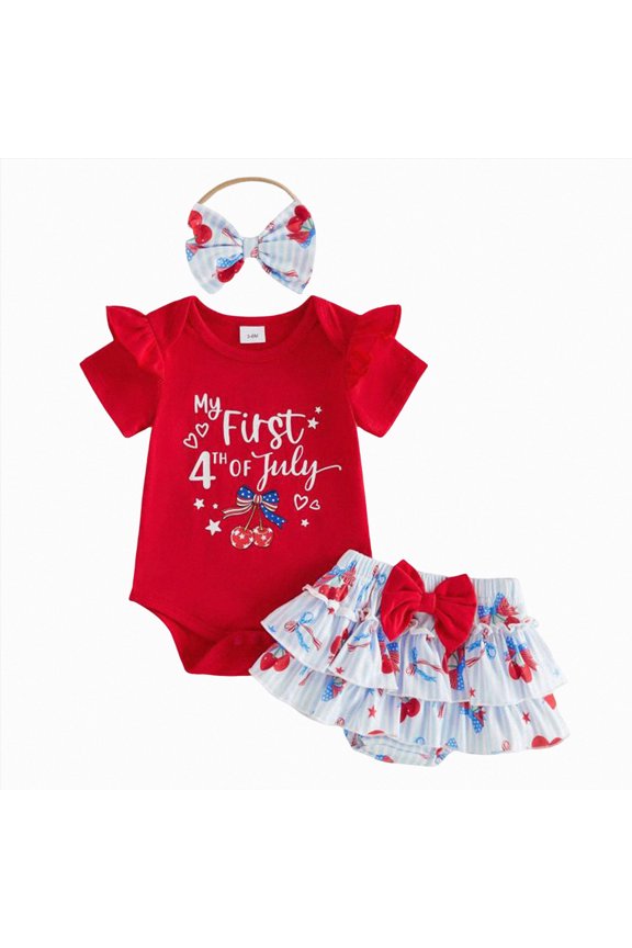Toddler 3pcs Outfit Set Cute Ruffle Sleeve Summer 3 Piece Set Outfit Set Baby Girl Summer Shorts Set,Red,12-18 Months