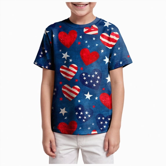 Splozh Toddler 4th of July Shirt 3-13 Years Summer Graphic Short Sleeve Boys Shirts, Baby Boy 4th of July Outfits,Dark Blue,4-5 Years
