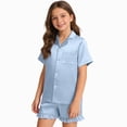 thumbnail image 1 of Splozh Toddler Baby Girl Boy Silk Satin Pajama Set Short Sleeve Shirts Pajama Shorts Sleepwear Nightgown,Light Blue,7-8 Years, 1 of 4