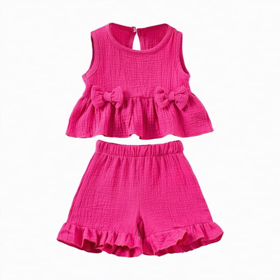 Splozh Summer Clothes Toddler Girl Clothes, 2Pcs Baby Girl Summer Spring Outfits Sleeveless Tank Shirt Ruffle Top +Shorts Clothing Set 9-12 Months,Hot Pink