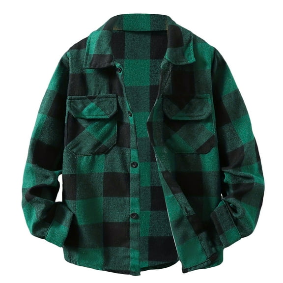 Splozh Toddler Baby Girls Jean Jacket Boys and Girls Long Sleeved Checkered Shirt Retro Color Blocked Cardigan Fashionable and Versatile Lapel Top Jacket Dark Green,9-10 Years