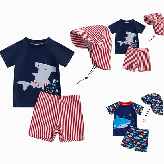 Splozh Toddler Boy Rash Guard Swim Set 3 Piece with Hat for 6 12 18 24 Months 2T 3T 4T 5T, UPF 50+ Sun Protection Swim Trunks and Shirt Red,4-5 Years