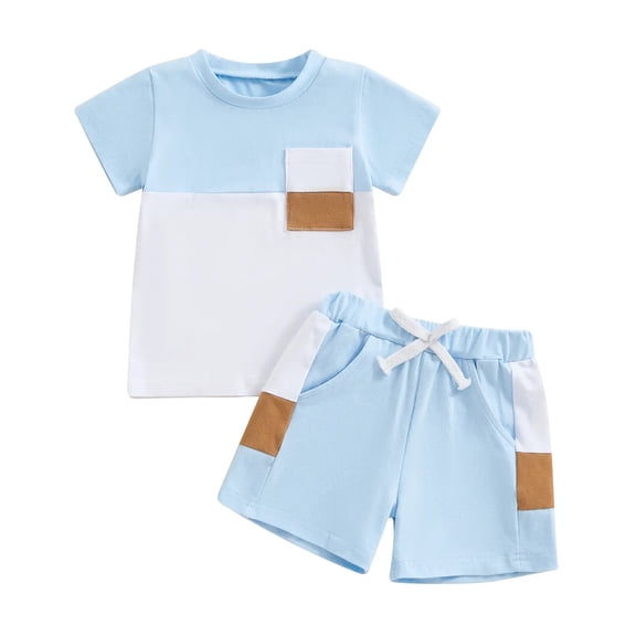 Splozh Toddler Boy Spring Clothes Childrens Clothes Summer Set Boys Simple Short Sleeve Shorts Two Piece Set Sky Blue,6-12 Months