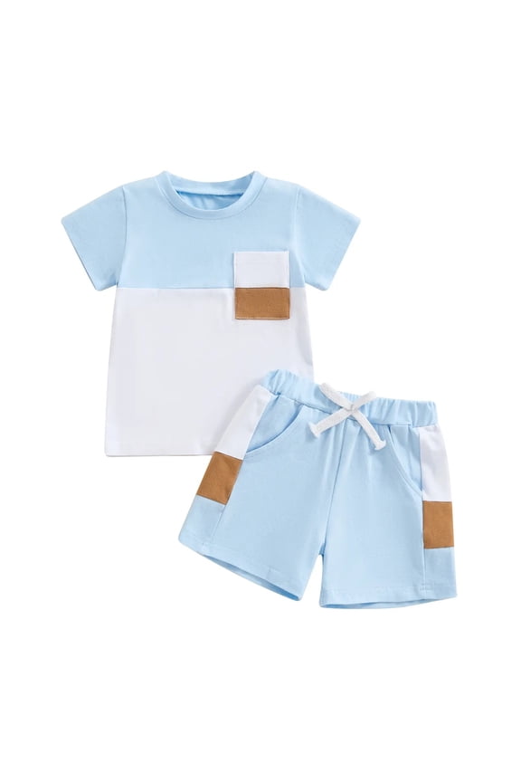 Toddler Boy Spring Clothes Childrens Clothes Summer Set Boys Simple Short Sleeve Shorts Two Piece Set Sky Blue,6-12 Months
