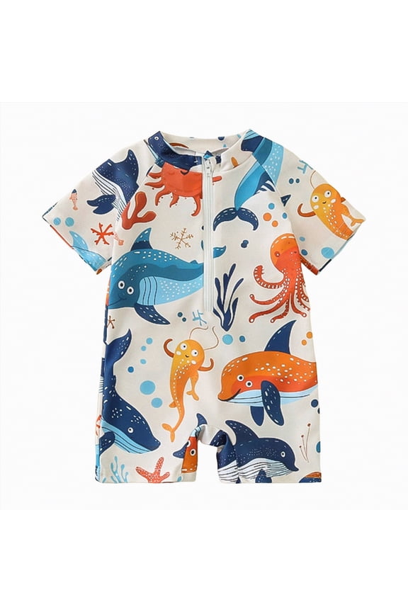 Toddler Boy Swimsuit Toddler Baby Boys' Swimwear One Piece UPF 50+ Swimsuit Boy Cartoon Prints Bathing Suit 3-6 Months,Orange