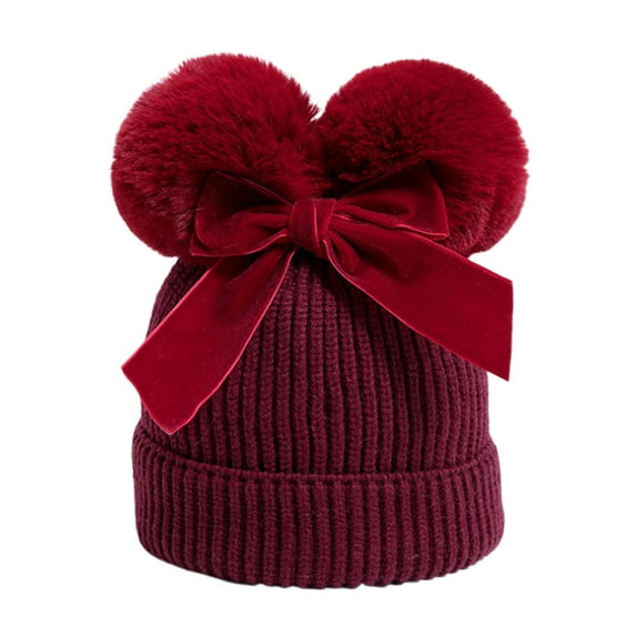 Splozh Toddler Boy Winter Beanie Baby Winter Hat with Bow Double Cap Warm Toddler Boys Girls Knit Hats Wine,6-36 Months