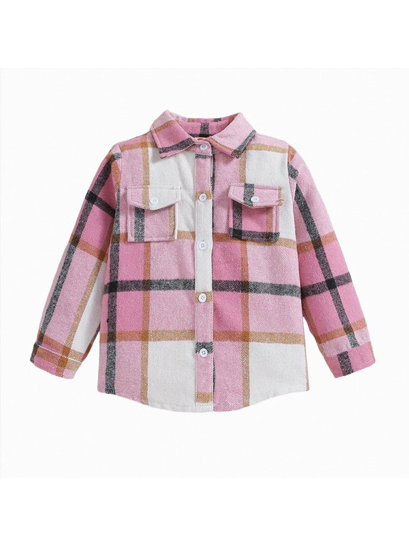 Toddler Boys Flannel Shirt Jacket 1-11 Years Kids Buffalo Plaid Button Down Shacket for School Holiday Fall Clothes,Pink,8-9 Years