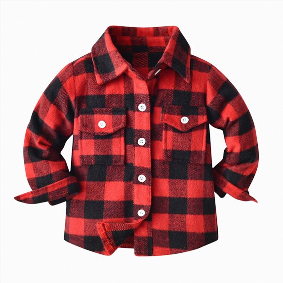 Splozh Toddler Boys Girls Shirts Flannel Jacket Plaid Long Sleeve Lapel Button Down Shacket Baby Coat Outwear Clothes Tops for Kids Jackets for Boys,Red,4-5 Years