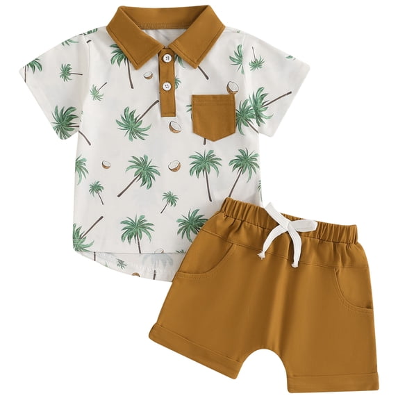 Splozh Toddler Clothes Baby Boy Summer Clothes Coconut Tree Pattern Button Down Shirt Shorts Toddler Beach Clothes Brown,6-12 Months