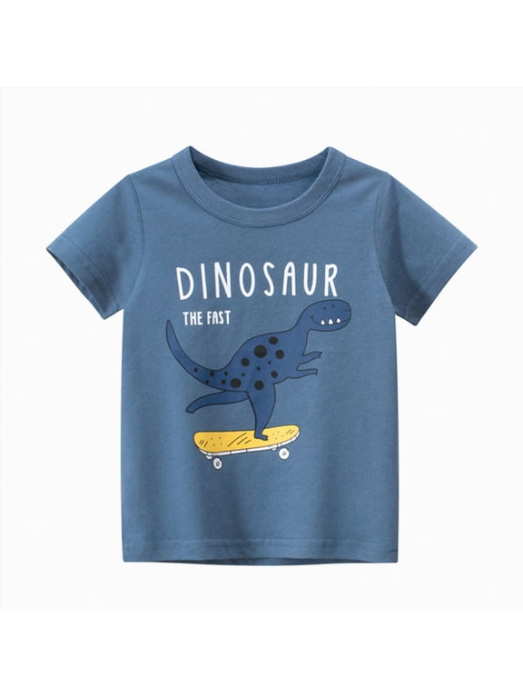 Toddler Cotton Shirts Fashion Soft Toddler Kids Baby Boys Cartoon Dinosaur Short Sleeve Crewneck T Shirts Tops Tee Clothes for 1-7 Years,Blue,1-2 Years