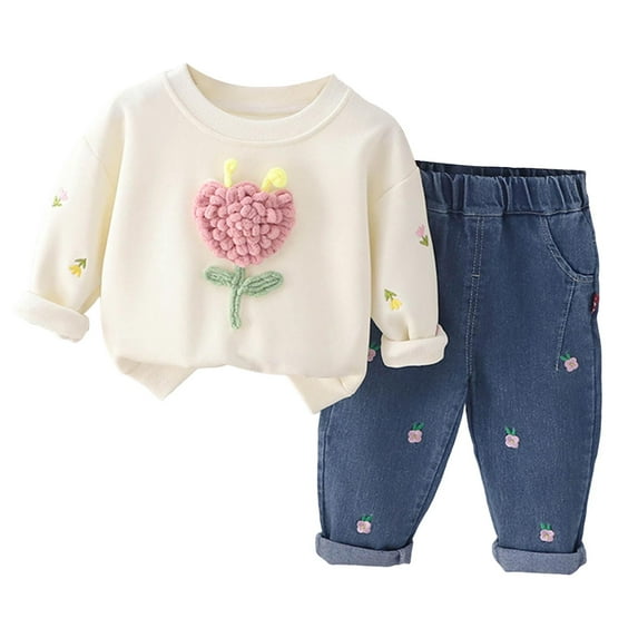 Splozh Toddler Dance Outfits Baby Girl Clothes Toddler Girls Spring Outfits Infant Clothing Ruffle Top Denim Pants Jeans Cute Fall Outfit Set White,6-12 Months