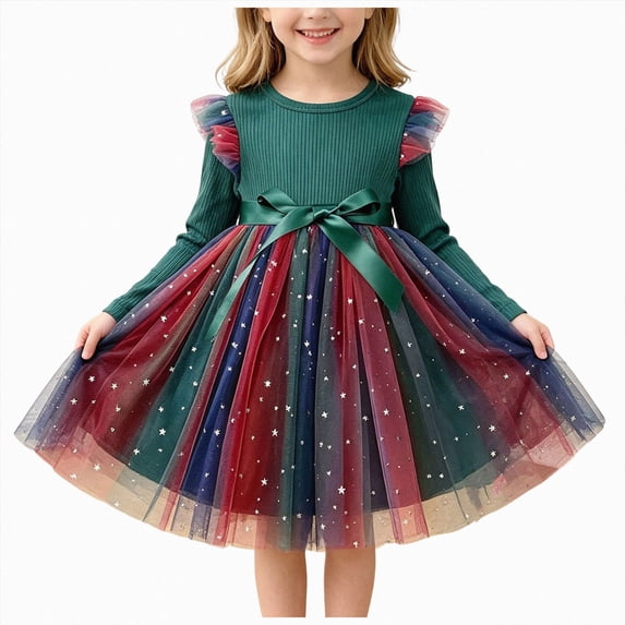 Splozh Toddler Dress Fall Fashion Girls Gradient Mesh Long Sleeve Birthday Dress,Green,3-4 Years