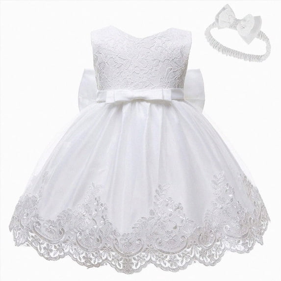 Splozh Toddler Dresses 3 6 12 18 24 Months Baby Girls Lace Bowknot Princess Wedding Formal Tutu Dress + Headband Set,White,6-12 Months