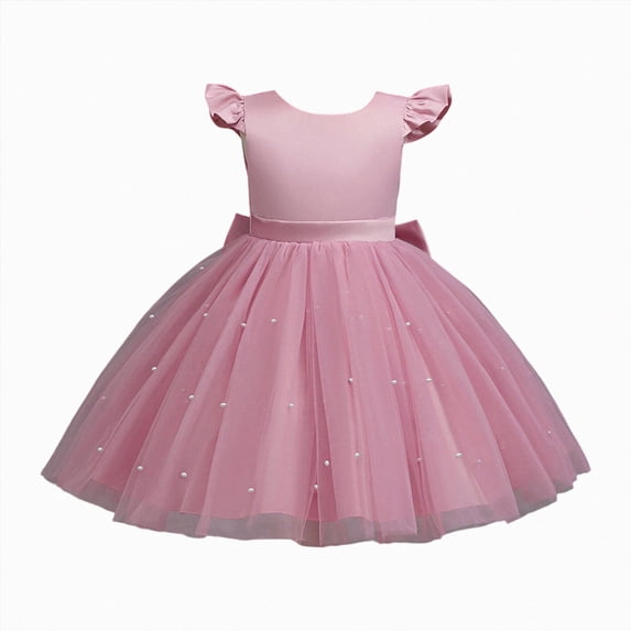 Splozh Toddler Fall Dresses Fashion Girls Adorable Solid Color Pearl Wedding Flower Girl Dress,Pink,5-6 Years