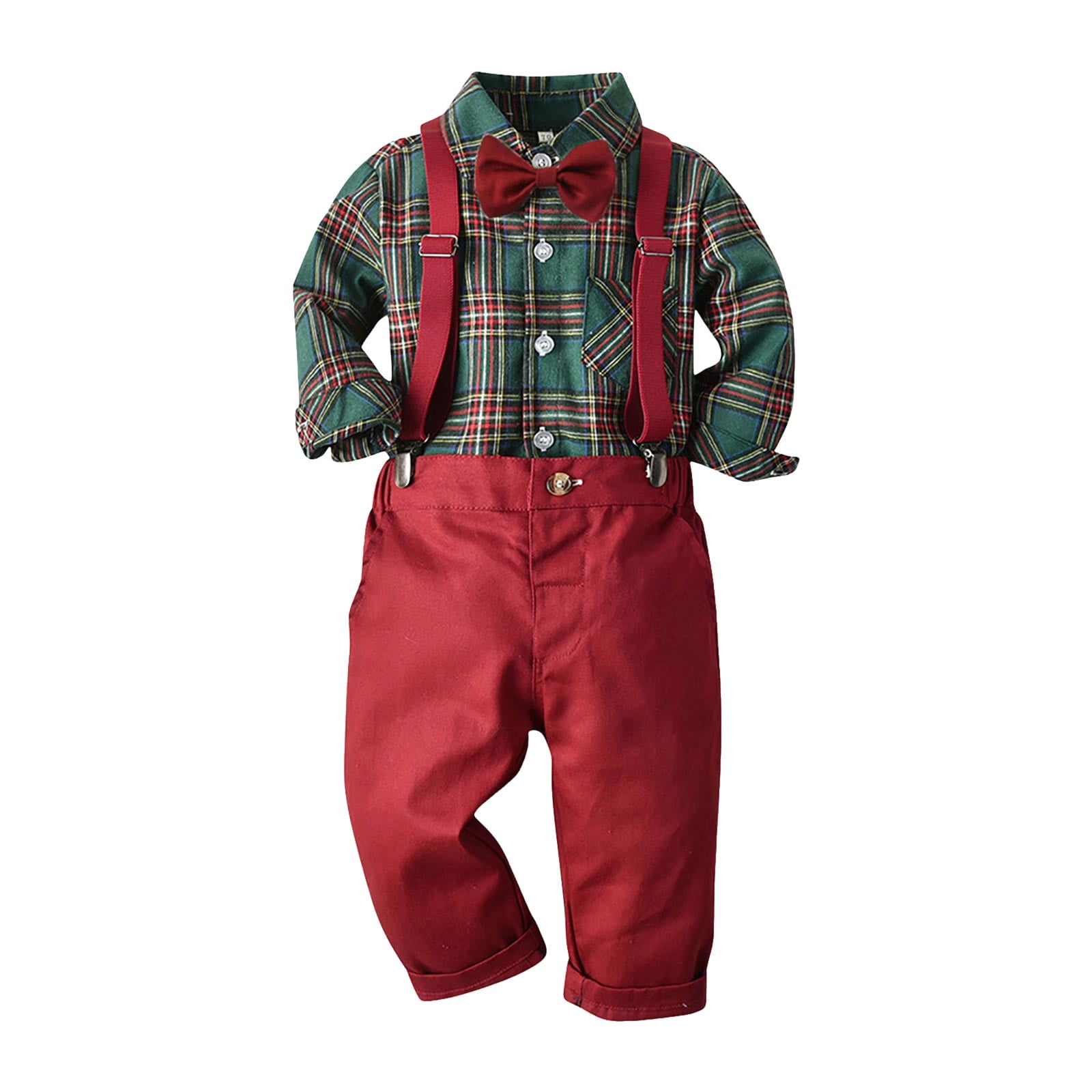 Splozh Toddler Formal Outfit Boy Long Sleeved Shirt and Overalls Suit Comfortable Soft Fashionable Christmas Print Gentleman Suit for Boys Green,13-14 Years