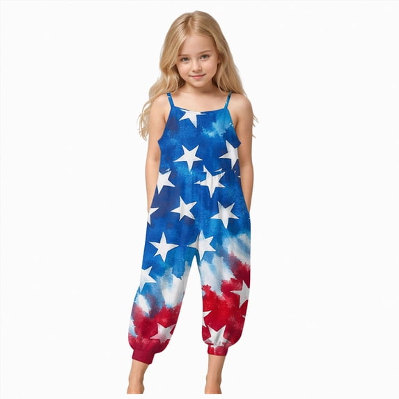 Splozh Toddler Girl 1-10 Years 4th of July Outfit Baby Girl American Flag Romper Jumsuit Cute Summer Clothes,Sky Blue,3-4 Years