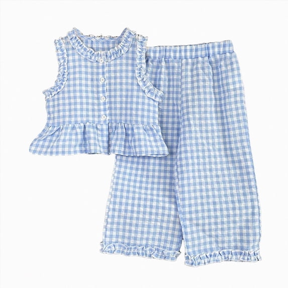 Splozh Toddler Girl Clothes 2T 3T 4T 5T 6T 7T Toddler Baby Girl Summer Clothes Ruffle Plaid Tank Top and Wide Leg Pants Outfits Set,Blue,5-6 Years