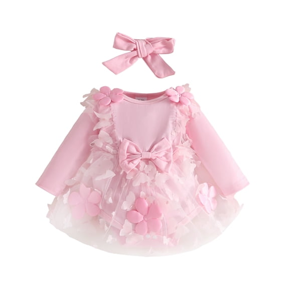 Splozh Toddler Girl Clothes Baby Girl Flower Dress Fall Winter Tutu Wedding Birthday Party Dresses for Girls Pink,12-18 Months