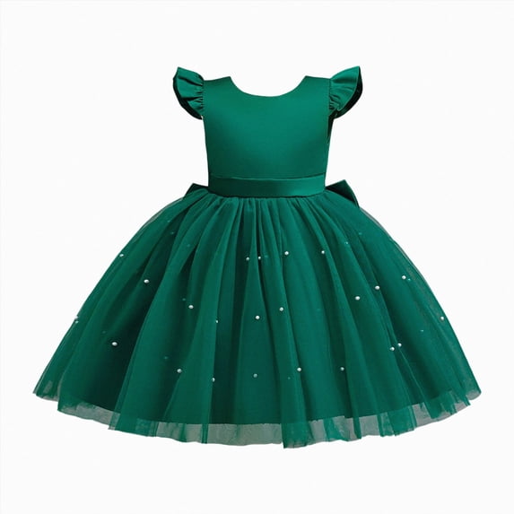 Splozh Toddler Girl Fall Dresses Fashion Girls Adorable Solid Color Pearl Wedding Flower Girl Dress,Green,5-6 Years