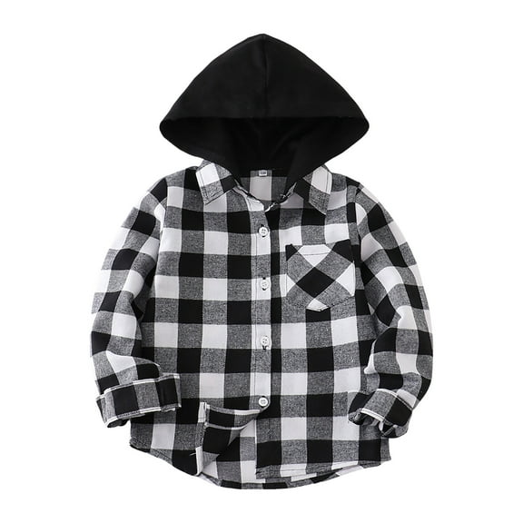 Splozh Toddler Girl Lightweight Jacket Boys Long Sleeve Hooded Plaid Jacket Comfortable Soft Fashion Pocket Hooded Jacket Black,6-12 Months