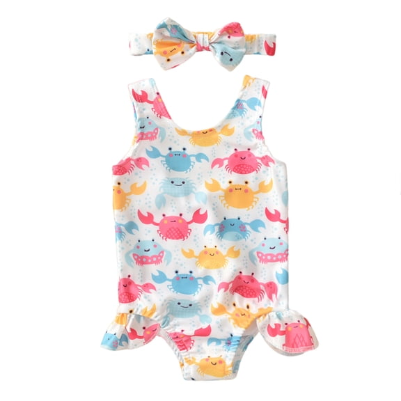 Splozh Toddler Girl Swimsuit Toddler Baby Kids Girls Summer Cartoon Print Ruched Swimwear Swimsuit Fashion Clothes with Headband White,6-12 Months