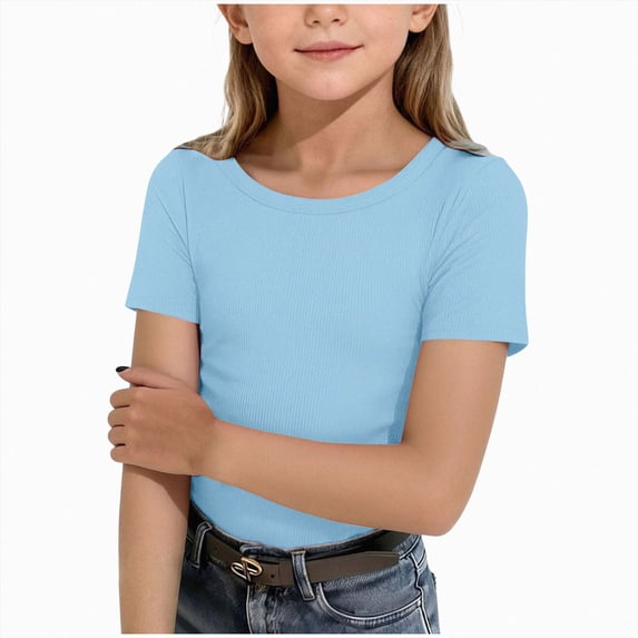 Splozh Toddler Girl T Shirts Toddler Baby Girl Short Sleeve Crew Neck T Shirt Pullover Sweatshirt Summer Basic Tee Casual Clothes,Light Blue,13-14 Years