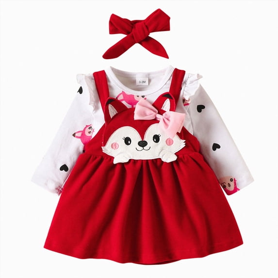 Splozh Toddler Girl Winter Clothes Girls Fashion Infant Toddler Girls Long Sleeve Cartoon Print Romper Bodysuits Suspenders Skirts Bow Tie Headbands Outfits,RD1,6-9 Months