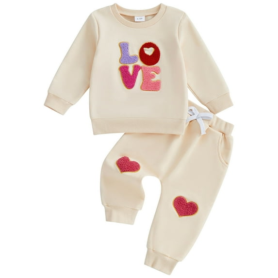 Splozh Toddler Girls Clothes Toddler Baby Girl Valentines Outfit Love Letter Embroidered Long Sleeve Sweatshirt Pants Set 2pcs Spring Clothes Beige,0-6 Months