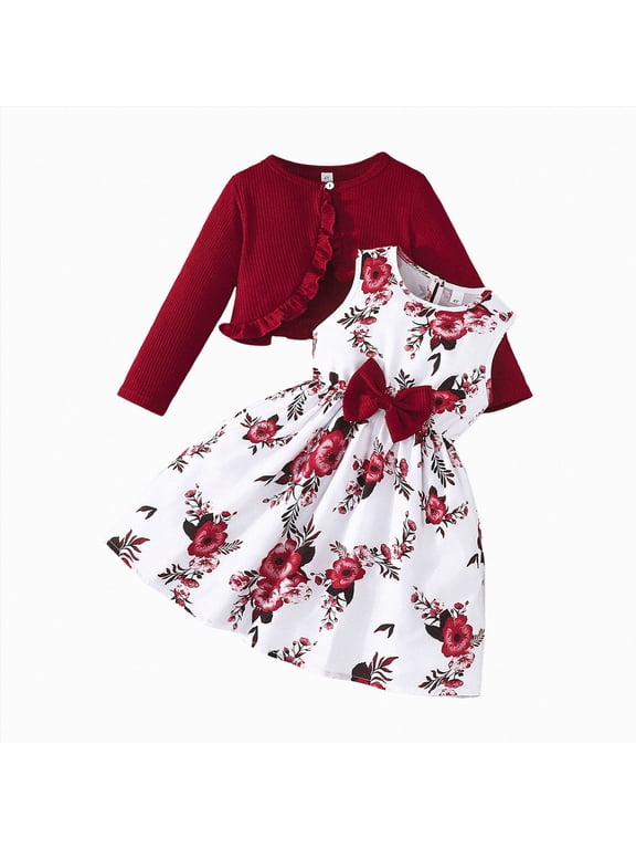 Toddler Girls Dress 2T 3T 4T 5T 6T 7T 8T 2PCS Little Toddler Girls Dress with Cardigan Floral Dresses Fall Clothes,Red,4-5 Years