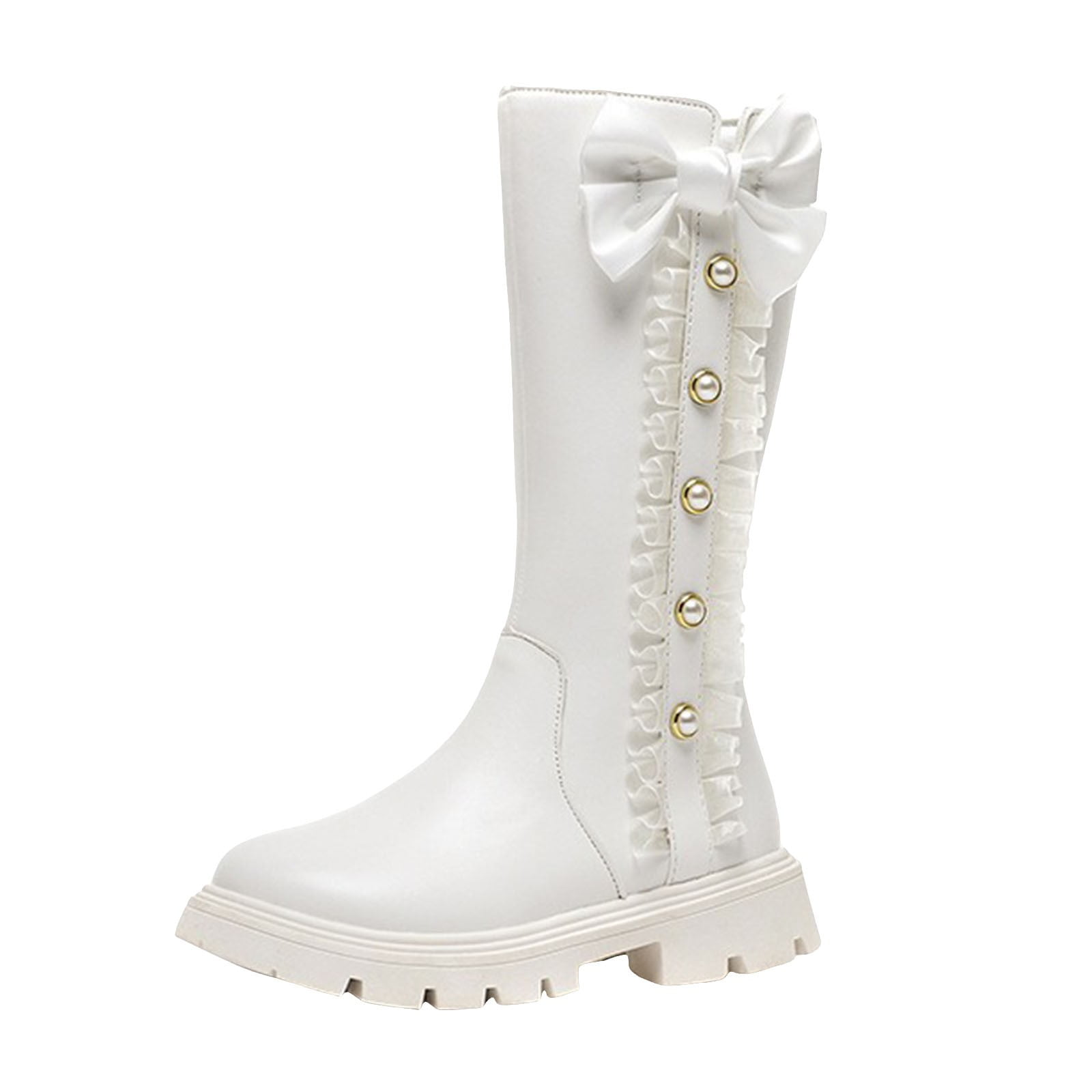 Splozh Toddler Girls Dress Boots Kids Girls Knee High Boots Tall Riding Bowknot Boots Heel Waterproof Fall Winter Dress Shoes White,US 12, Girl's