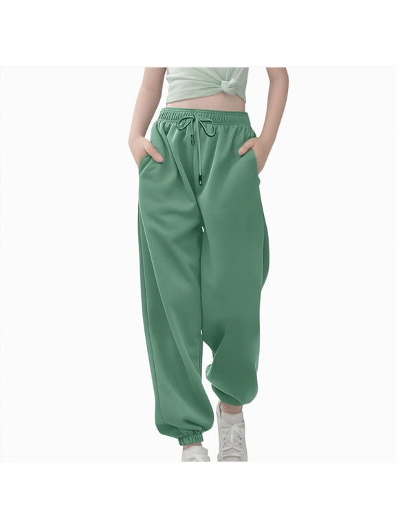 Toddler Girls Pants 3-14 Years Sweatpant for Teen Girls Casual Drawstring Solid Pant High Waisted Comfy Girls Jogger Pants,Mint Green,9-10 Years
