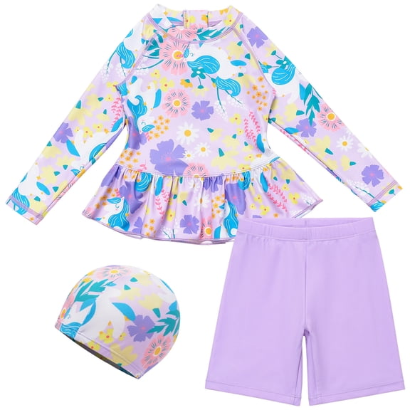 Splozh Toddler Girls Swimsuit Rash Guard Cute Flower Dress for Girls Sun Protective Long Sleeve Two Piece Surfing Swimsuit with Hat Purple,13-14 Years