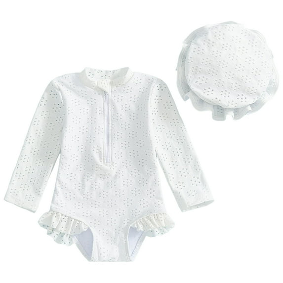 Splozh Toddler Girls Upf 50+ Rash Guard Swimsuit Toddler Girl Swimsuit Baby Long Sleeve Rash Guard Girl Hollow Out Swimwear with Sun Hat White,6-12 Months