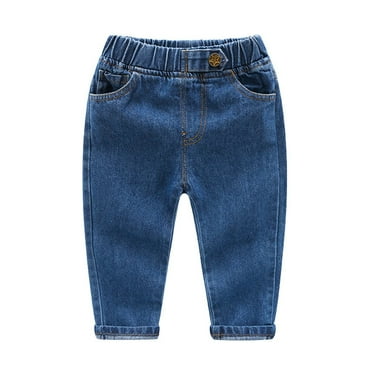 Splozh Toddler Kid Boy Elastic Mid Waist Washed Full Length Straight Pants Denim Jeans,Dark Blue 5-6 Years