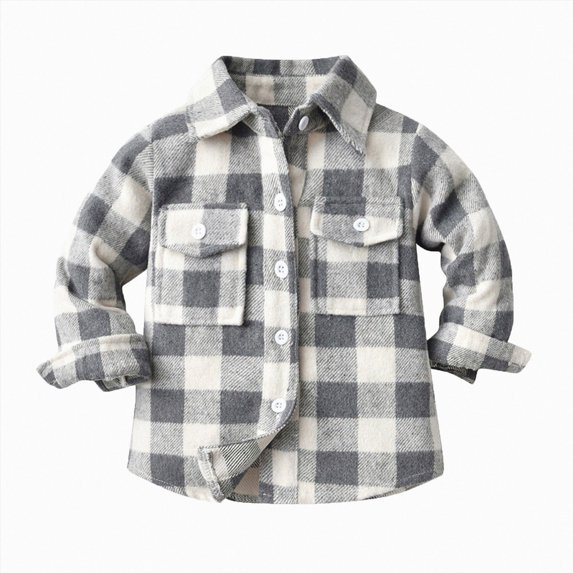 Splozh Toddler Kids Boys Girls Flannel Plaid Shirt Jacket Long Sleeve Lapel Button Down Pocketed Shirts Casual Fall Coat Toddler Fall Clothes,Grey,6-7 Years