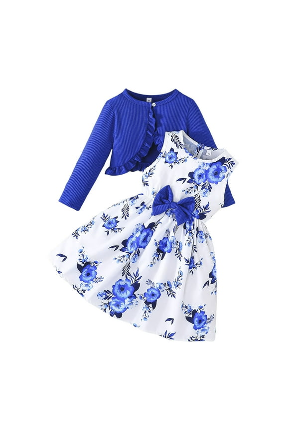 Toddler Little Girls Dress Fall 2PCS Little Toddler Girls Dress with Cardigan Floral Dresses Ruffle Sweaters Spring Fall Clothes Blue,2-3 Years