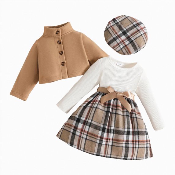 Splozh Toddler Outfits for Girls Fashion Toddler Girl 3 Pieces Outfits Ruffles Long Sleeve Plaid Skirt Jacket Hat Fall Winter Clothes Set,Brown,6-9 Months