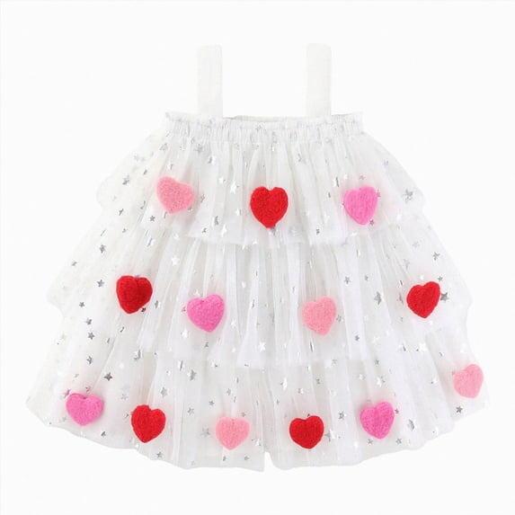 Splozh Toddler Prom Dress 1-8 Years Toddler Baby Girl Valentines Day Outfit Heart Sleeveless Layered Tulle Tutu Dress Summer Clothes,White,2-3 Years