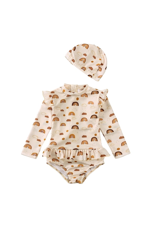Toddler Rash Guard One Piece Swimsuit Toddler Girls Swimsuit Holiday Beach Long Sleeve Swimsuit Girls Cute Swimsuit with Hat Beige,2-3 Years