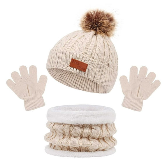 Splozh Baby Beanie Knit Toddler Hat Hat Scarf Gloves Set Kids Winter Hat Scarf Gloves Sets with Knit Thick Warm Fleece Lined Beige,1-5 Years