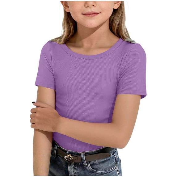 Splozh Toddler Shirts Girls Short Sleeve T Shirts Kids Slim Fit Tops Casual Crewneck Tees 11-12 Years,Purple
