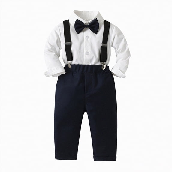 Splozh Toddler Suits for Boys Toddler Boy Suit Formal Outfit Baby Dress Clothes Kids Set Shirt Pants Bow Tie Suspender 12-18 Months,Navy